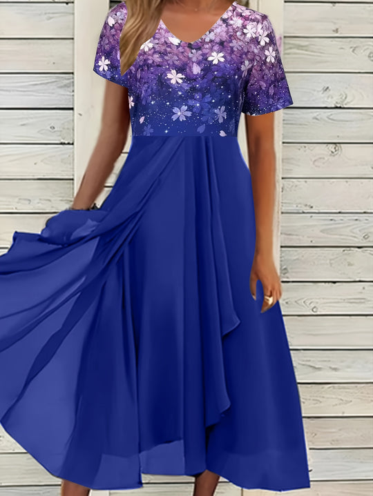 Elegant V-Neck Floral Bodice Maxi Dress