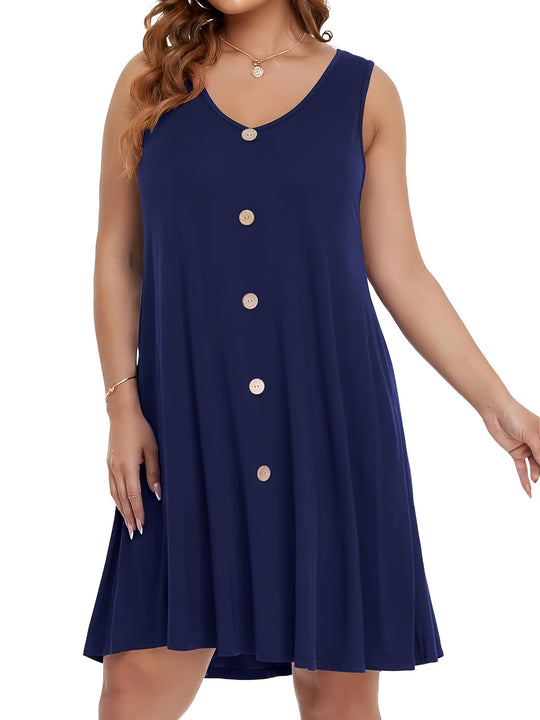 Plus Size Sleeveless Button Front Pocket Boho Summer Dress