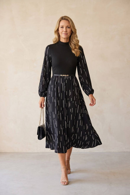 Modest Long Sleeve Linear Print Maxi Dress