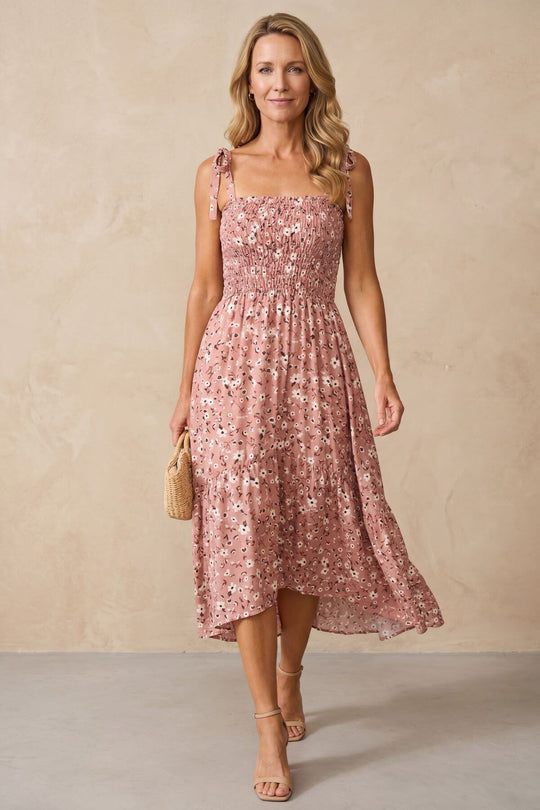 Boho Tie Shoulder Smocked Maxi Dress