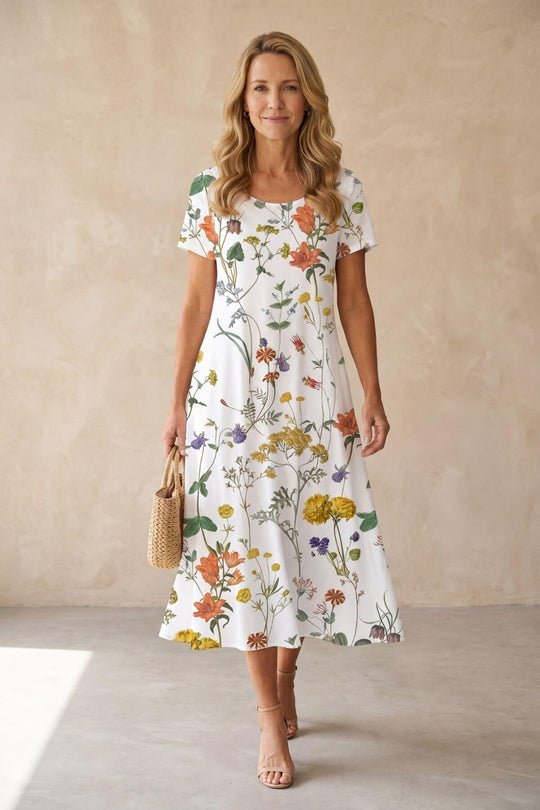 Casual Scoop Neck Floral Midi Dress