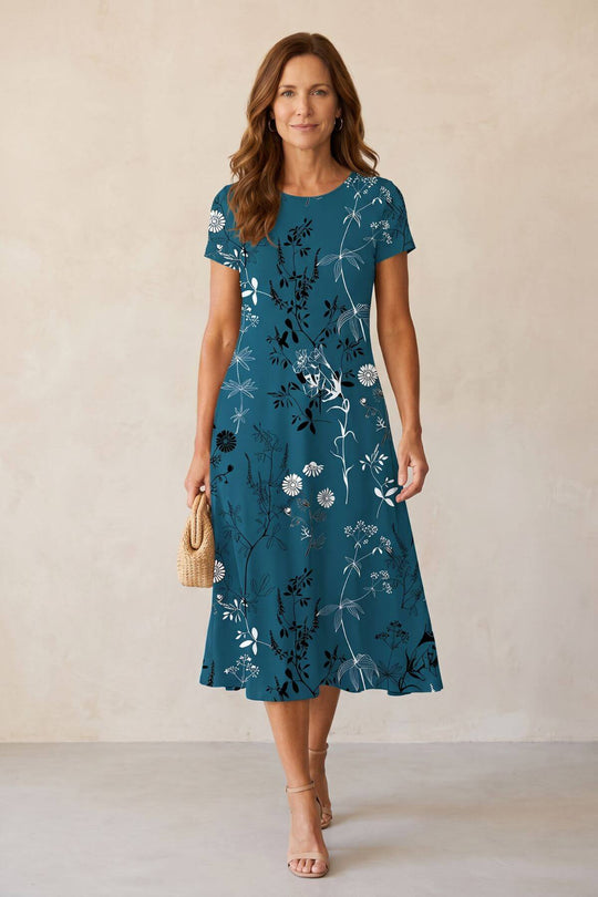 Floral Motif Short Sleeve Flowy Dress