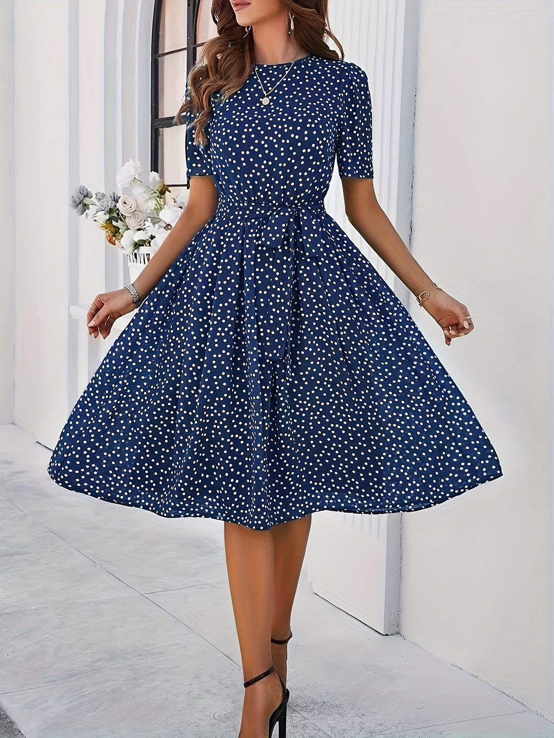 Polka Dot Short Sleeve Midi Dress with Tie Waist