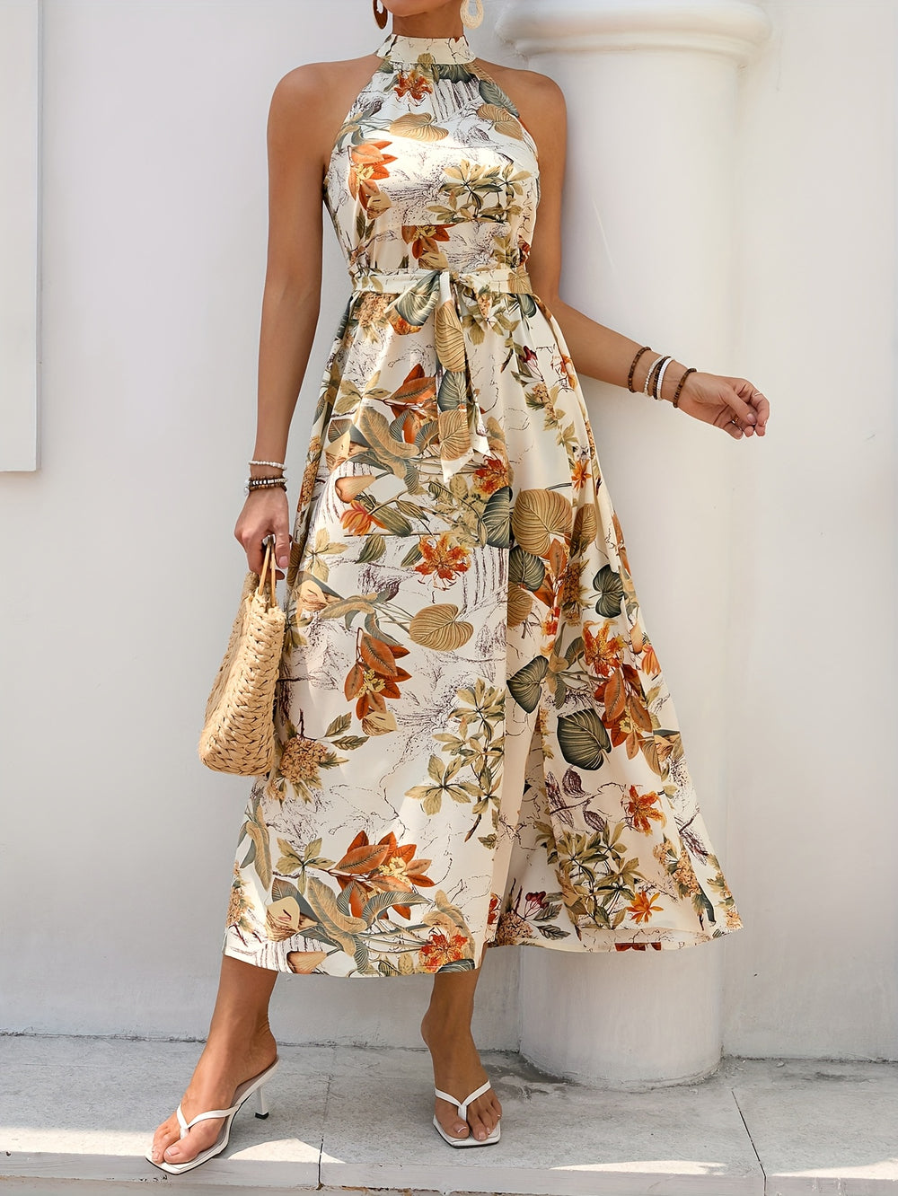 Sleeveless High Neck Floral Midi Bohemian Dress