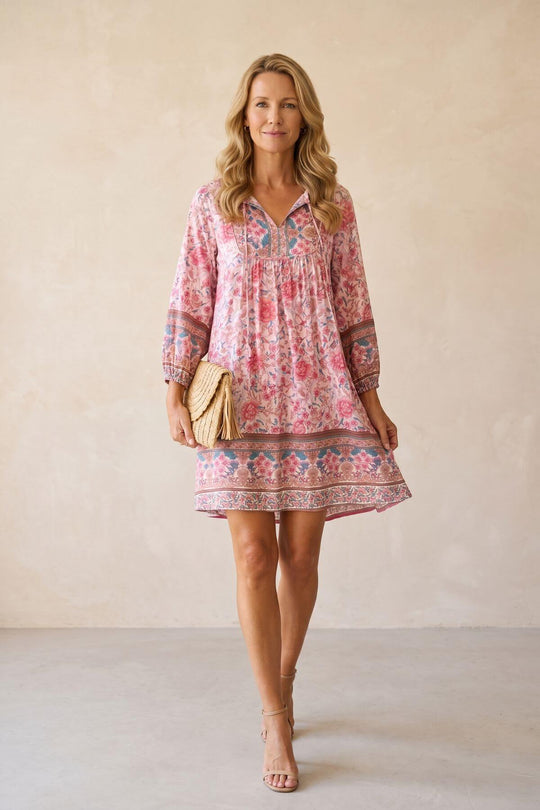 Mixed Floral Print Long Sleeve Boho Dress
