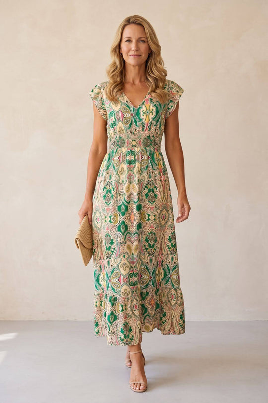 Elegant V-Neck Geometric Print Maxi Dress