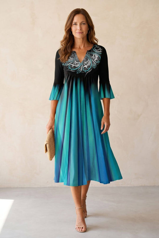 Bohemian Flare Sleeve Graphic Midi Dress