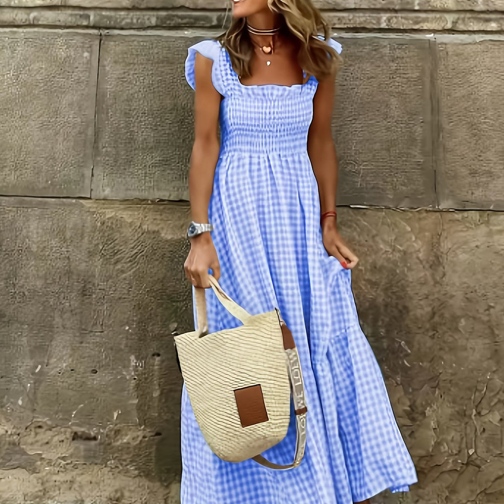 Summer Bohemian Checkered Tiered Long Dress