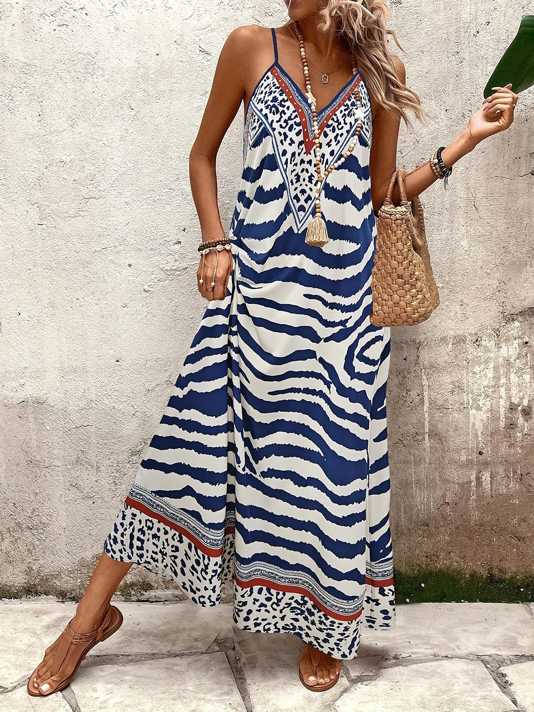 Casual Zebra Stripe Spaghetti Strap Maxi