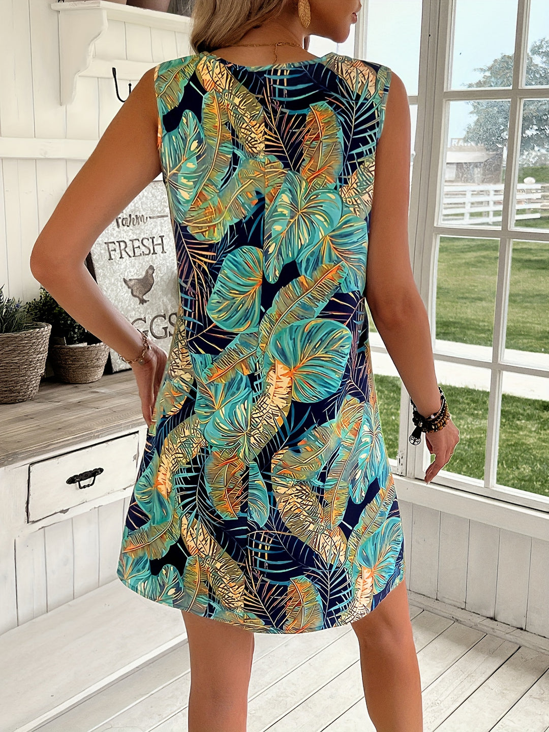 Tropical Print Sleeveless Flowy Bohemian Dress