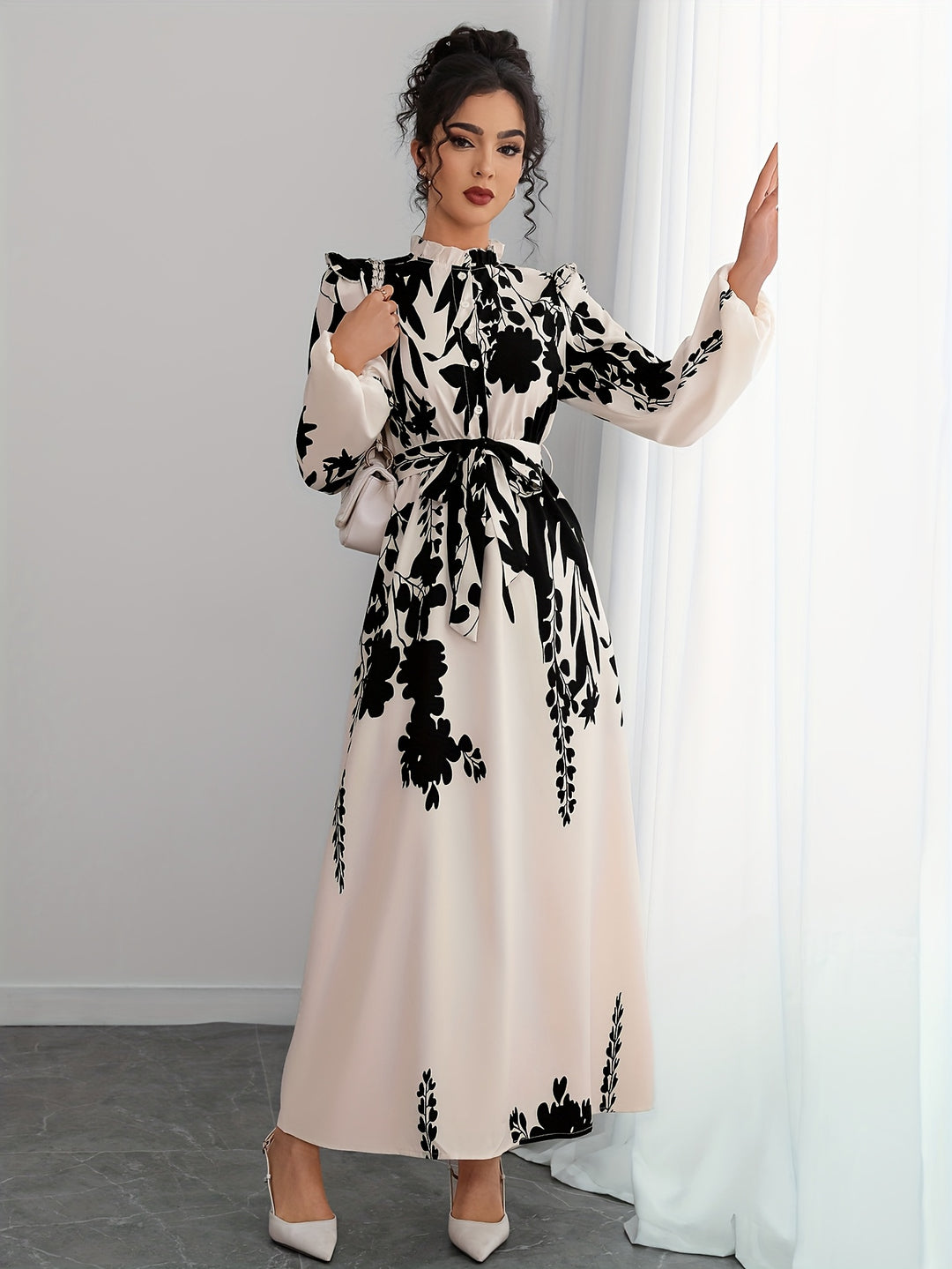 Long Sleeve Floral Print Maxi Dress with Waist Tie