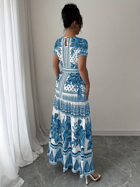 Short Sleeve Floral Pattern Belted Maxi Dress