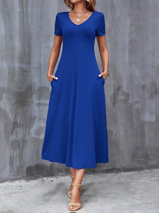 Casual V-Neck Pocket Midi Dress