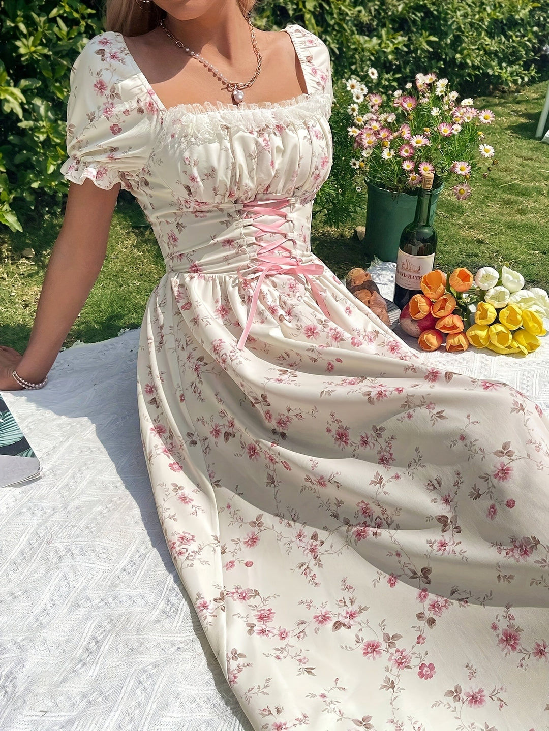 Romantic Floral Lace-Up Corset Midi Dress