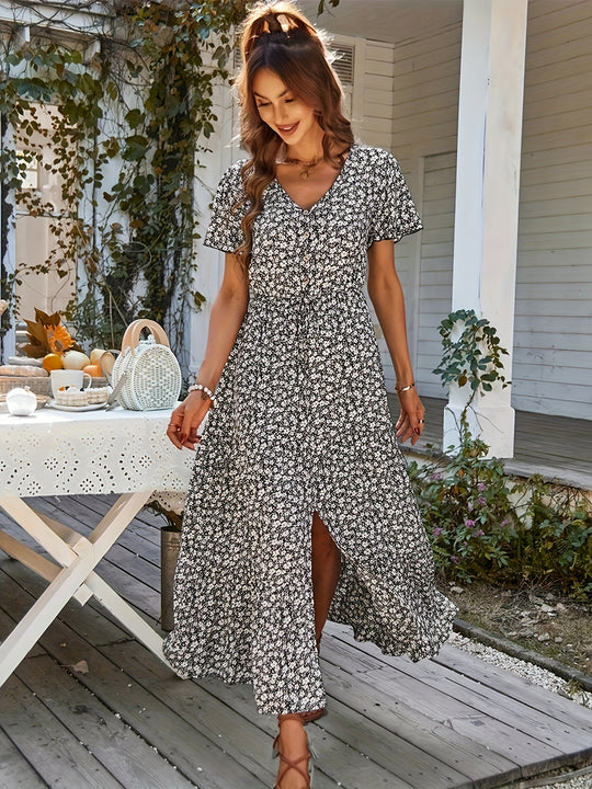 Ditsy Floral Flutter Sleeve Tiered Maxi Dress
