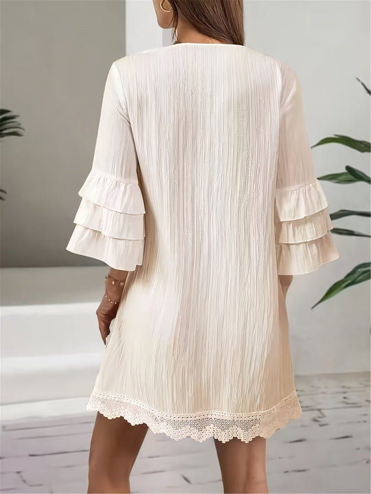 Embroidered Pom-Pom Tiered Sleeve Bohemian Mini Dress