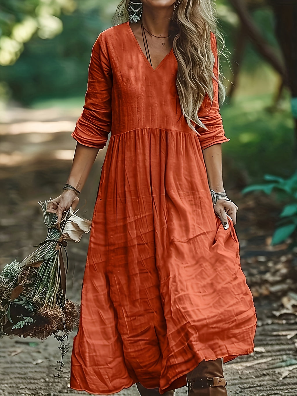 Bohemian V-Neck Textured Tiered Maxi Dress
