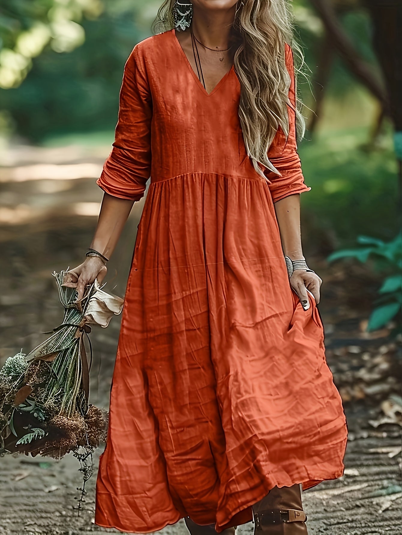 Bohemian V-Neck Textured Tiered Maxi Dress
