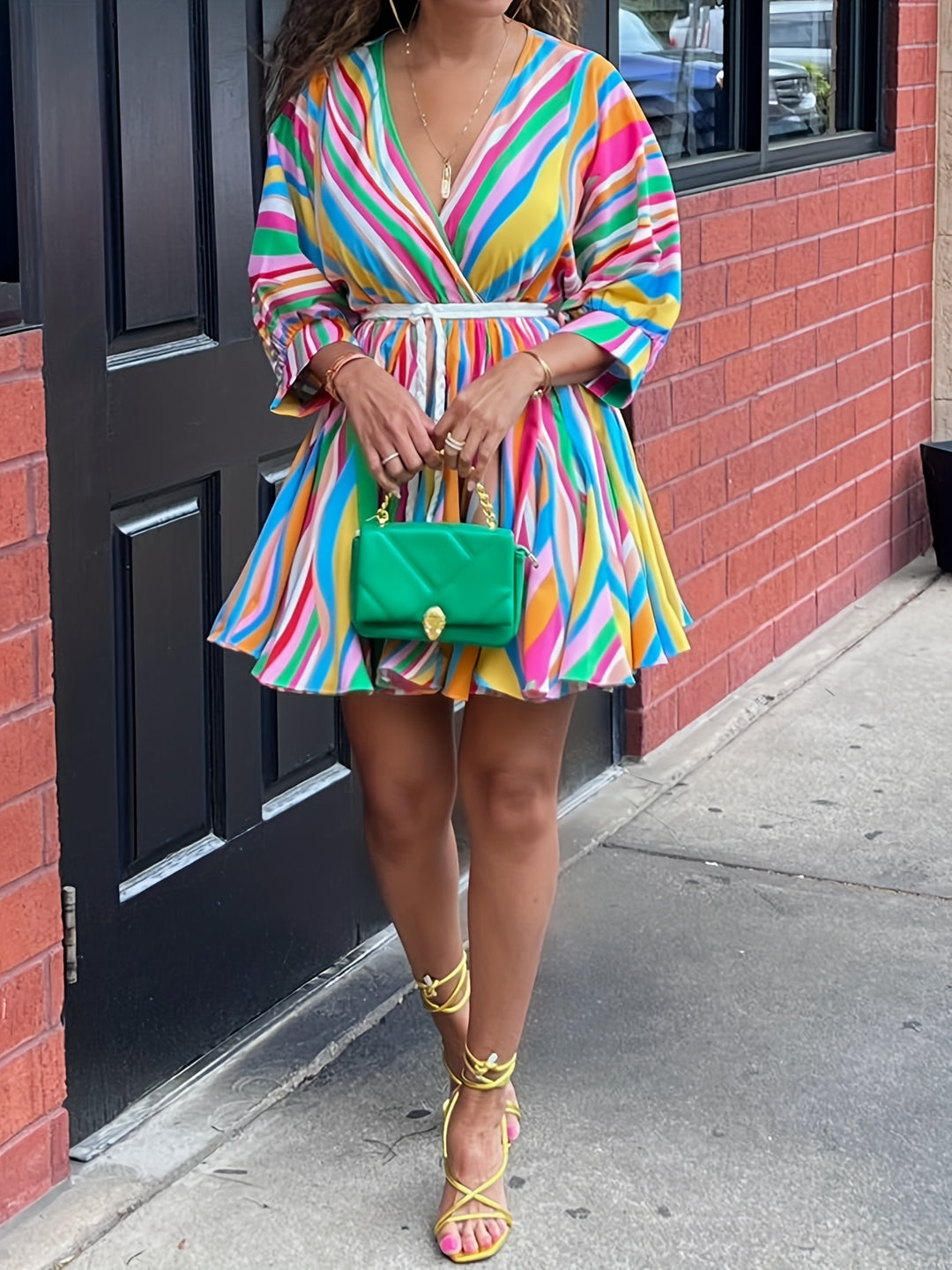 Colorful Striped V-Neck Mini Boho Dress