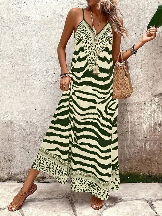 Casual Zebra Stripe Spaghetti Strap Maxi