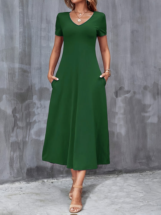 Casual V-Neck Pocket Midi Dress