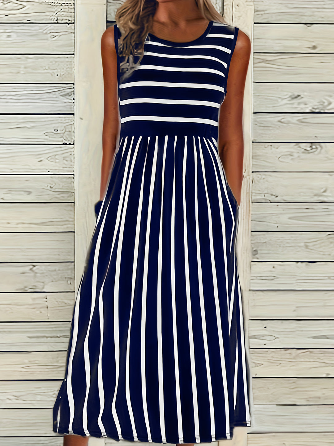 Striped Sleeveless Pocket Maxi Bohemian Dress