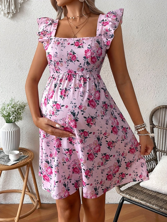 Maternity Floral Square Neck Flowy Bohemian Dress