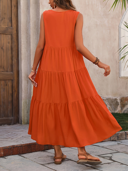 Solid Tiered Sleeveless Bohemian Summer Dress