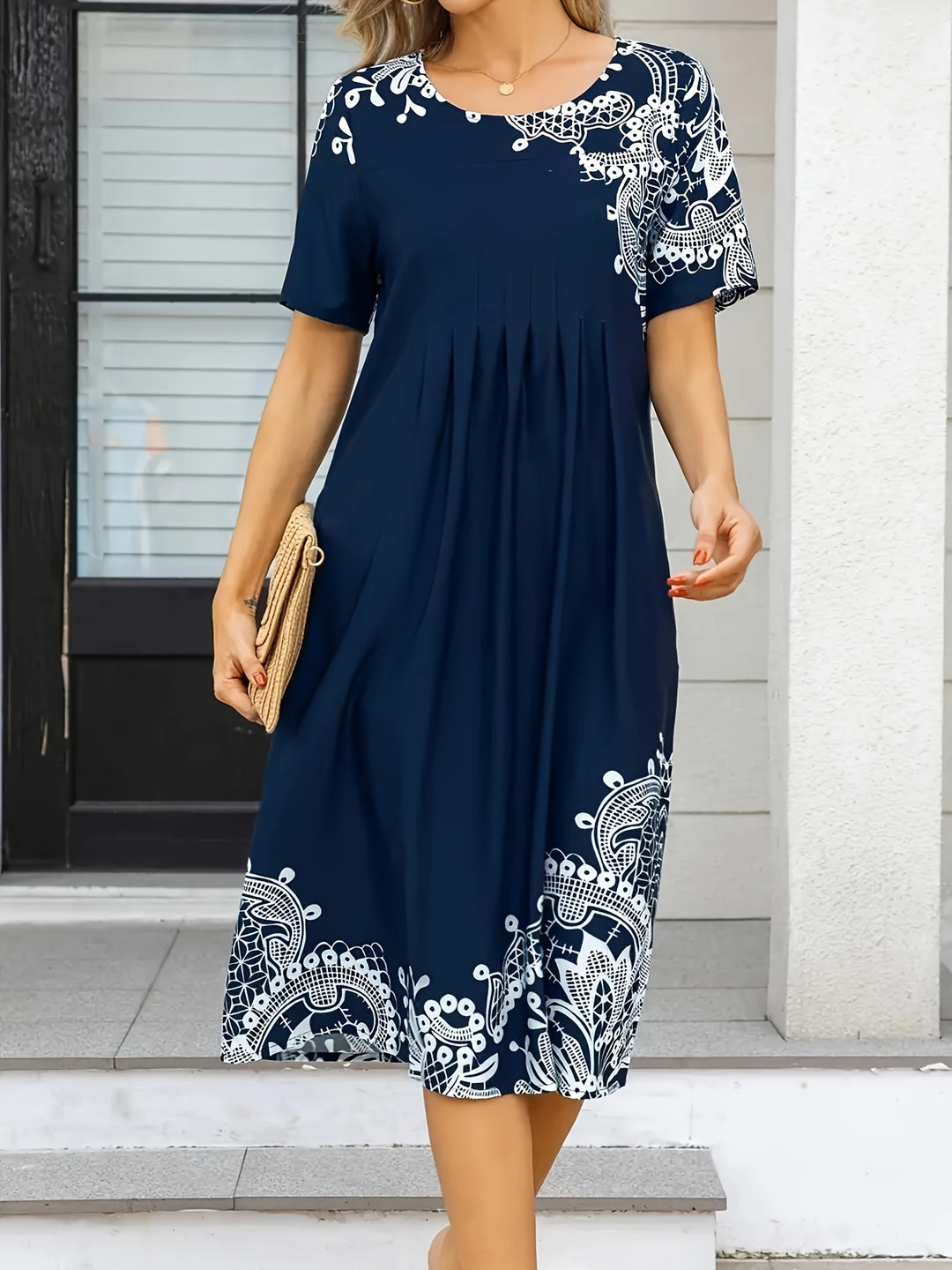 Bohemian Lace Print Short Sleeve Pocket Midi Dress - Plus Size