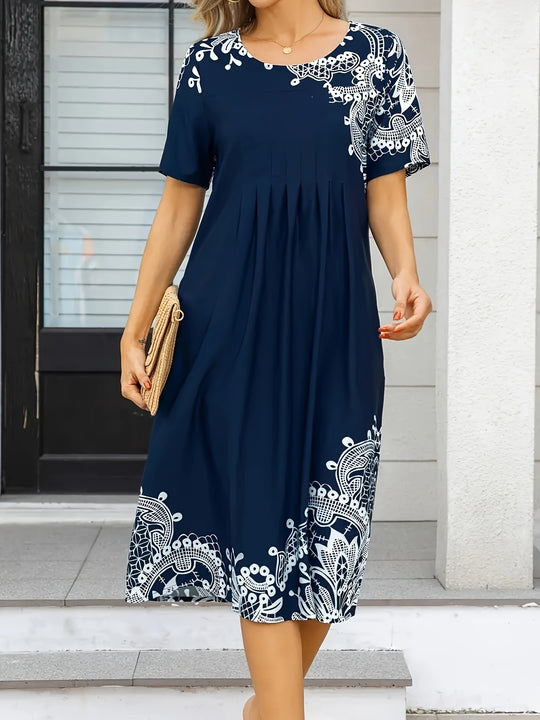 Bohemian Lace Print Short Sleeve Pocket Midi Dress - Plus Size