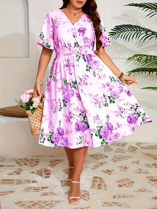 Floral Print V-Neck Flutter Sleeve Smocked Midi Dress - Plus Size