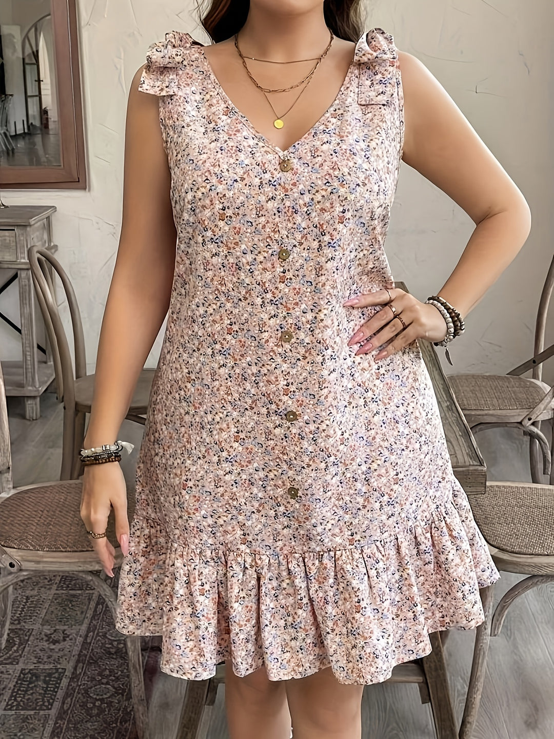 Boho Floral Print Tie Shoulder Dress