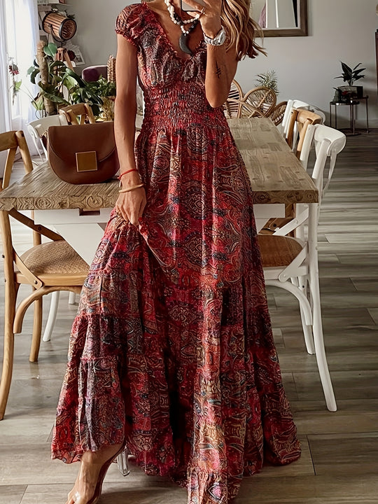 Smocked Waist Paisley Bohemian Summer Dress
