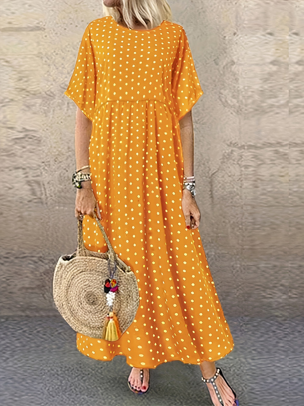 Casual Polka Dot Round Neck Maxi Dress