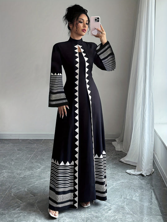 Flared Sleeve Long Floral Panel Evening Maxi Dress