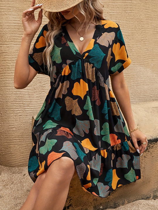 Ginkgo Leaf Print V-Neck Boho Dress
