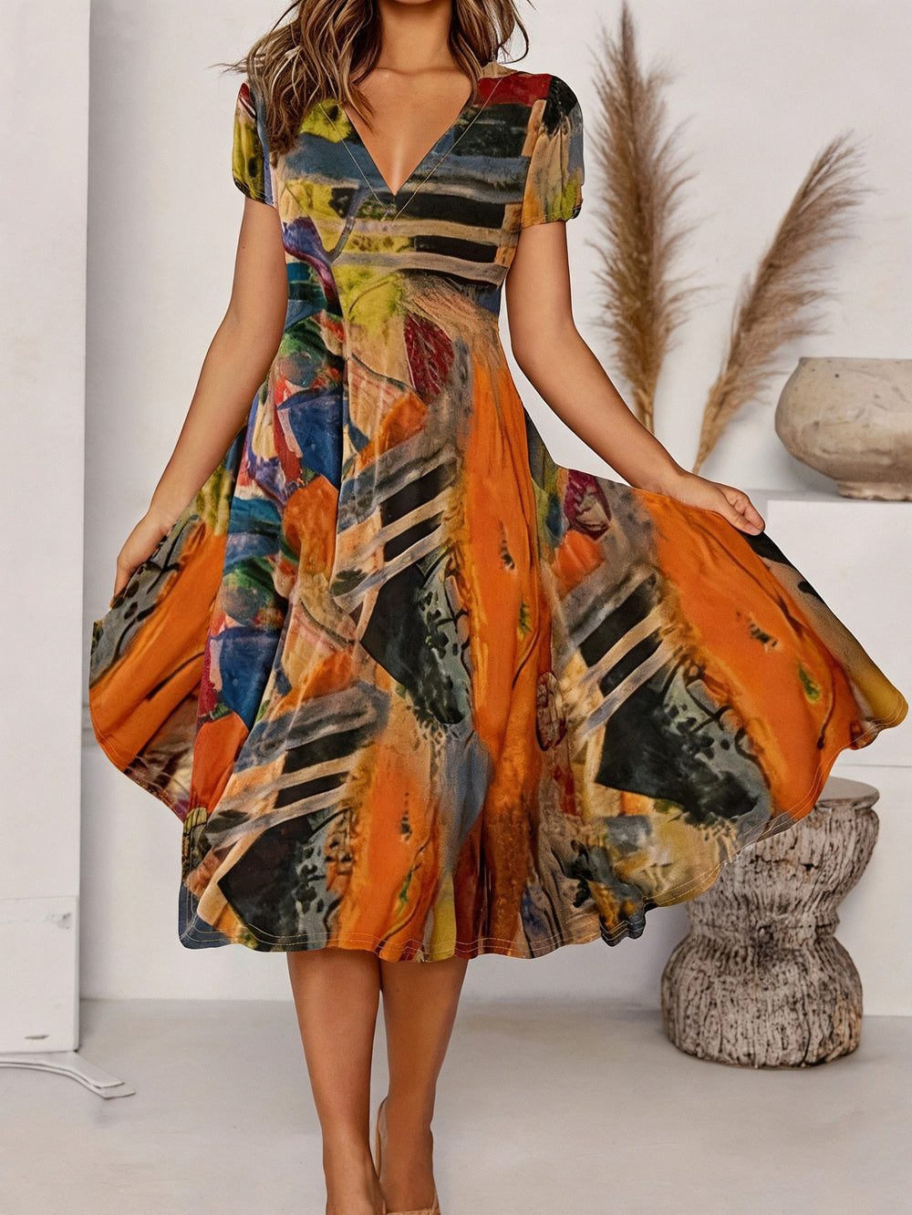 Summer Abstract Print V-Neck Bohemian Dress