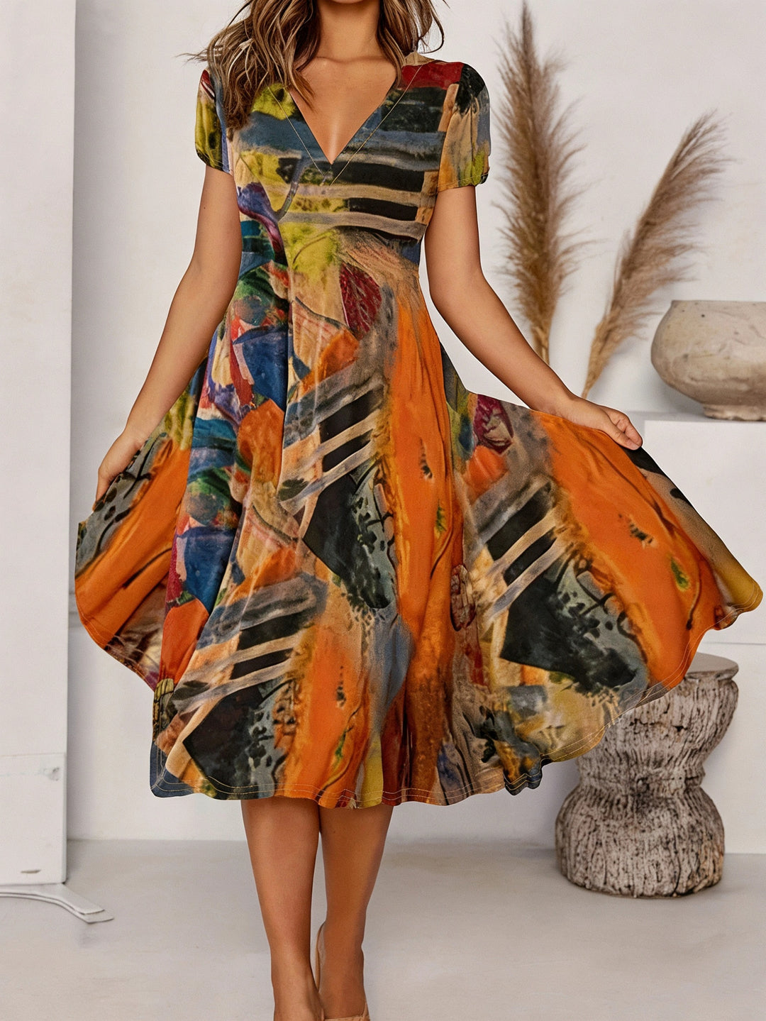 Summer Abstract Print V-Neck Bohemian Dress