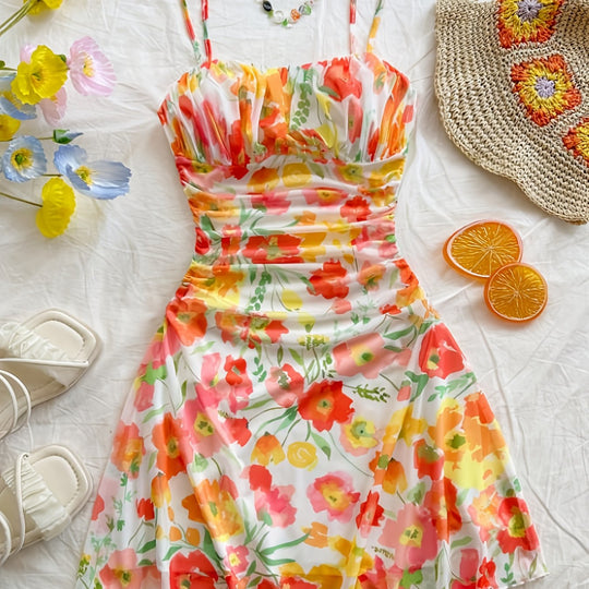 Romantic Floral Ruched Double Strap Mini Dress
