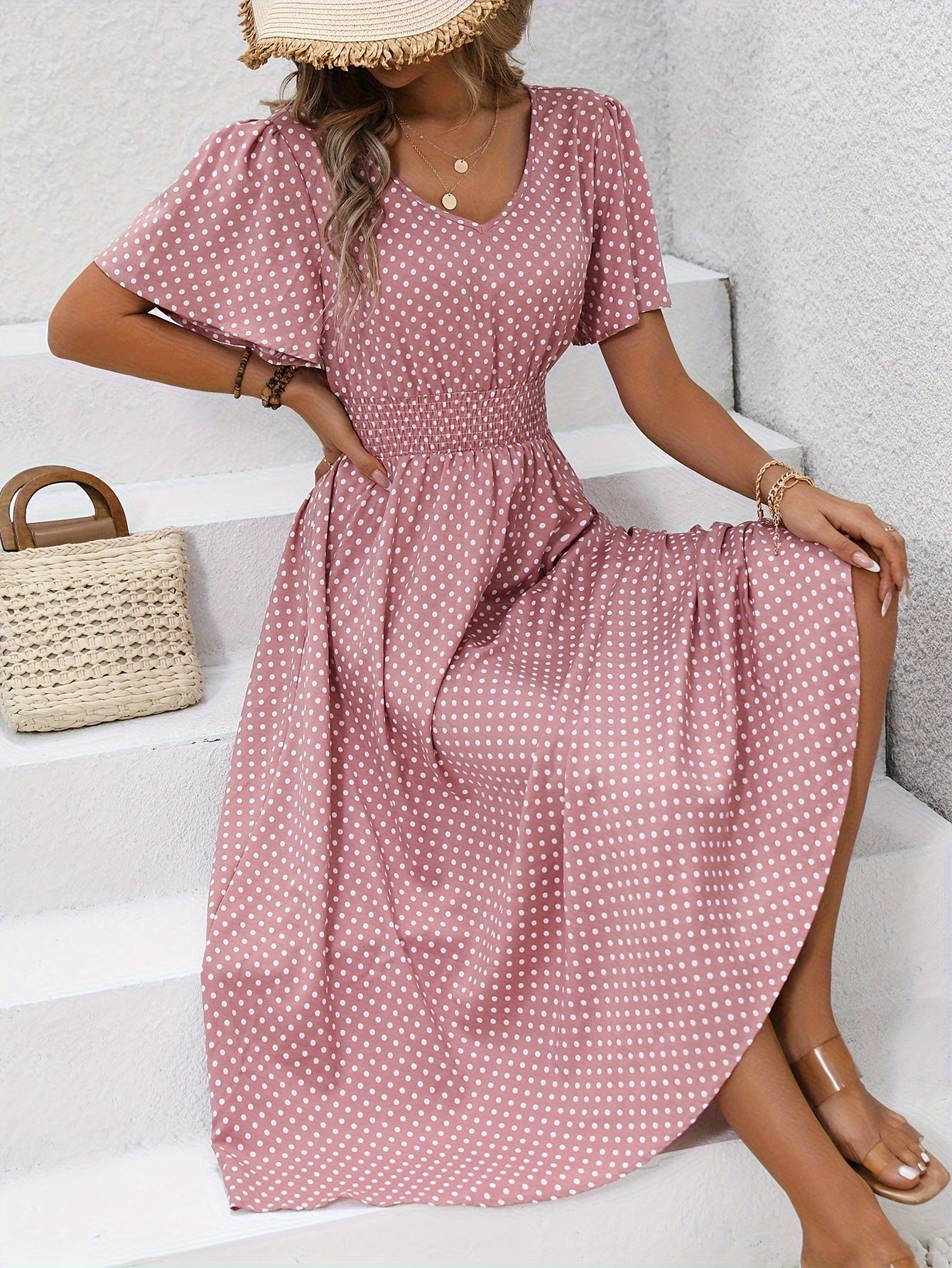Bohemian Polka Dot Flowy Smocked Dress