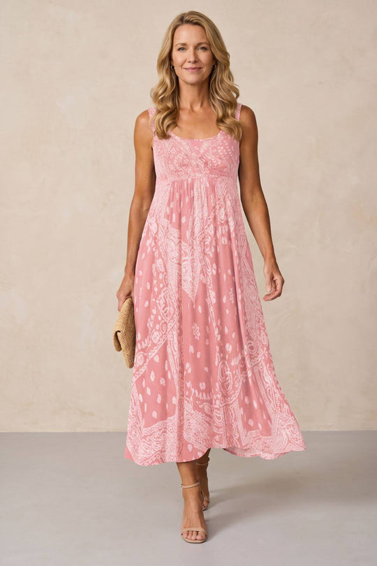 Sleeveless Bandana Print Casual Midi Dress with Pockets