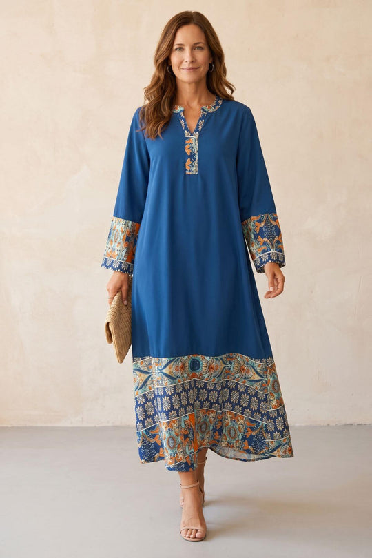 Bohemian Placket Neck Relaxed Long Dress