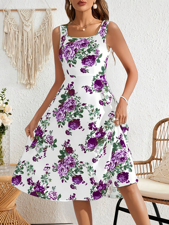 Casual Floral Wide Strap Midi Dress