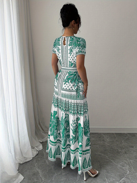 Short Sleeve Floral Pattern Belted Maxi Dress