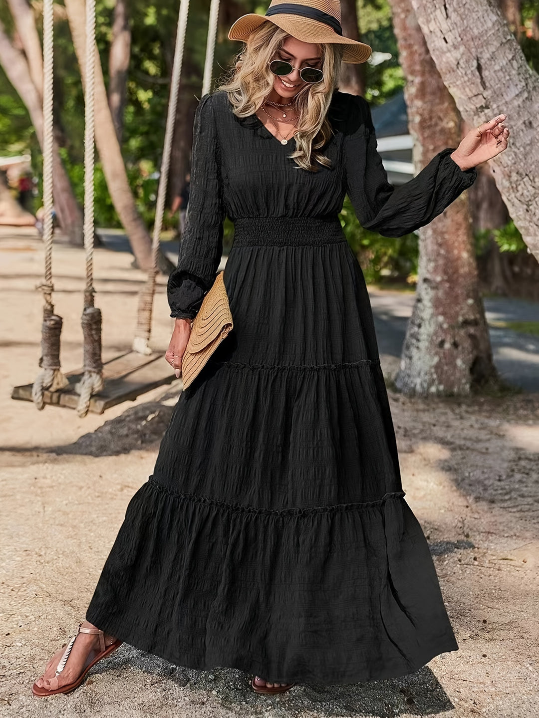 Textured Fabric Tiered Bohemian Maxi Dress