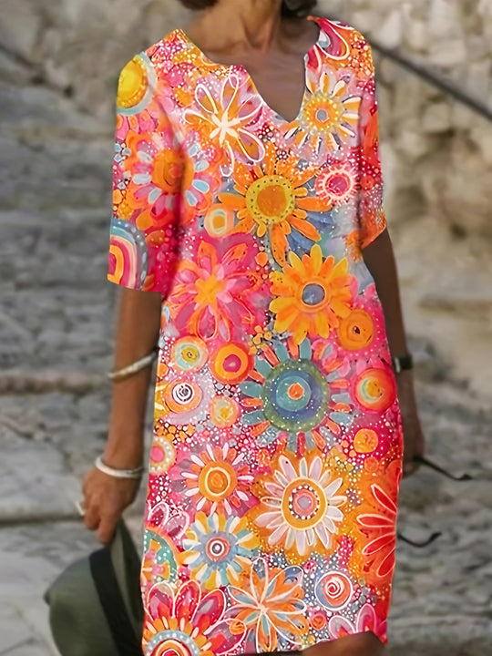 Artsy Floral V-Neck Relaxed Shift Dress