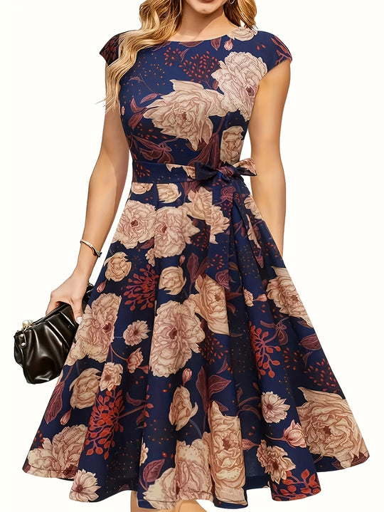 Floral Belted A-Line Midi Dress