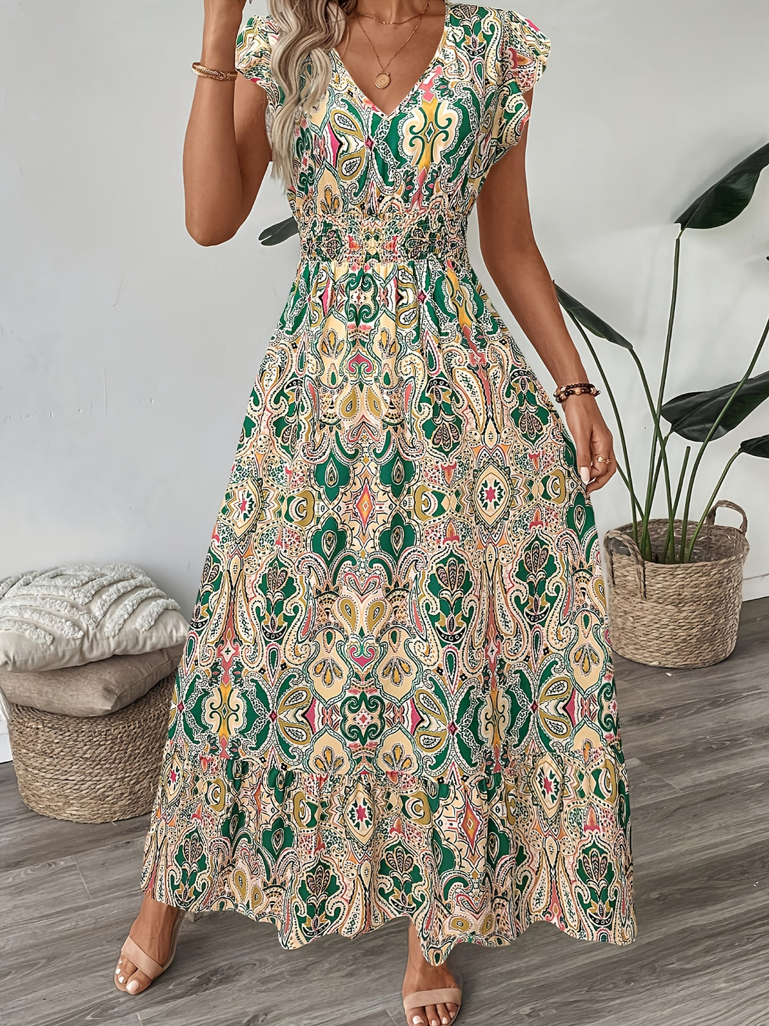 Short Sleeve Casual Full-Print Flutter Summer Boho Dress