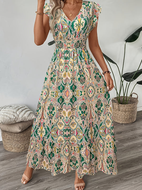 Short Sleeve Casual Full-Print Flutter Summer Boho Dress