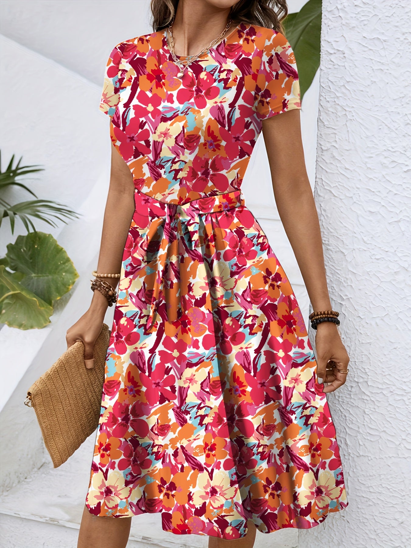 Boho A-Line Floral Tie Waist Dress